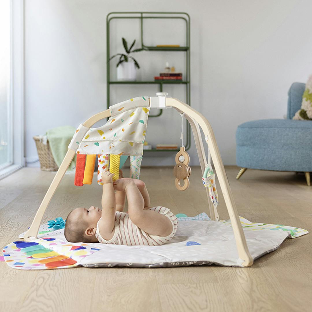 Sensory Strands hanging on The Play Gym by Lovevery